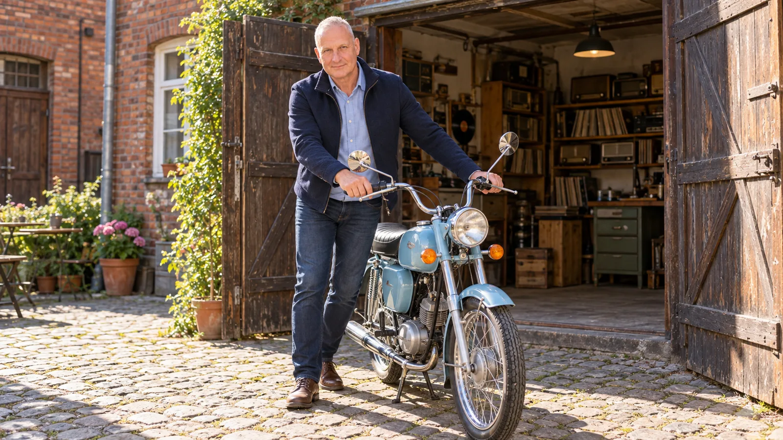 Händler schiebt ein restauriertes hellblaues Moped aus dem offenen Garagentor auf den Hof