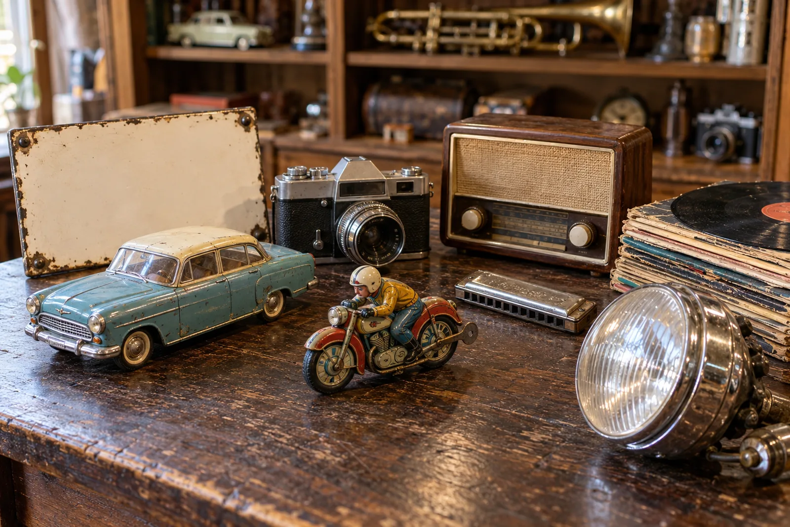 Sammlerstücke auf einem alten Holztisch: Blechauto, Kamera, Röhrenradio, Blech-Motorrad, Mundharmonika und Schallplatten