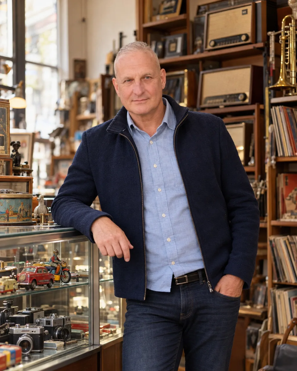 Torsten Fritsch lehnt lächelnd an einer alten Holztheke, hinter ihm Regale mit Radios, Kameras und einer Gitarre